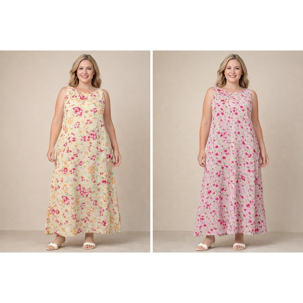 Set‎ of 2 Dressbarn Womens Dress 16W Yellow Floral Sleeveless Shift Cottagecore